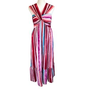 Slate And Willow Medium Vibrant Red And Blue Striped Flowy Halter Maxi Dress